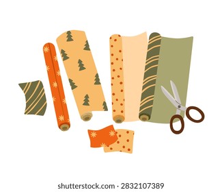 Flat vector set of Christmas wrapping paper, decorative paper rolls, patterned sheets and scissors in cozy winter colors, isolated on white.
