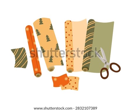 Flat vector set of Christmas wrapping paper, decorative paper rolls, patterned sheets and scissors in cozy winter colors, isolated on white.