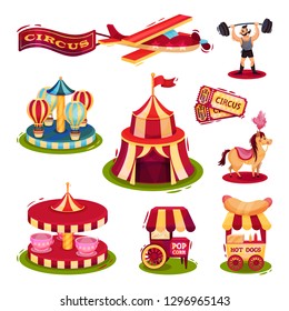 Flat vector set of circus icons. Carousels, carts with fast food, tickets, strong man, plane with banner