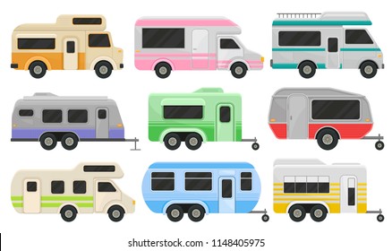 Flat vector set of classic camper vans and trailers. Recreational vehicles. Home of wheels. Comfort cars for family travel