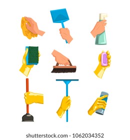 Flat vector set of cleaning supplies. Human hands holding rag, plastic scoop, bottles with liquid and powder, brush, soap, sponge for dishwashing, plunger, mop