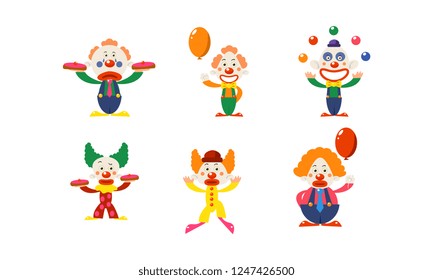 Flat vector set of clowns in different actions. Funny cartoon characters makeup on faces. Circus artists