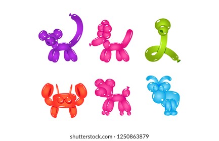 Flat vector set of colorful animal-shaped balloons. Bright inflatable toys for children party