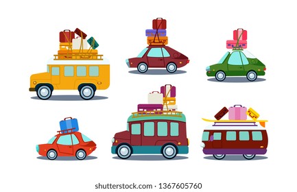 Flat vector set of colorful automobiles with luggage on roof. Bus, van and car. Road trip theme