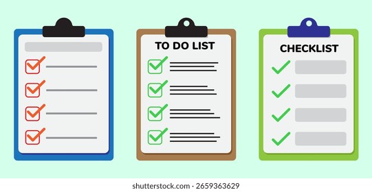 Flat vector set of colorful checklists and to-do lists on clipboards. Great for productivity, reminders, task planning, business, and office related designs.
