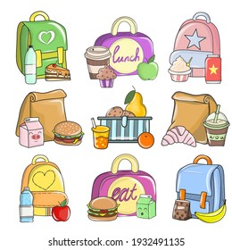 Flat Vector Set Of Colorful Compositions With School Food. Healthy And Nutritional Food Meals For Kids Breakfast In Lunchbox Plastic Fruit Bags Of Apples.