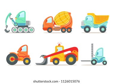 Flat vector set of colorful construction and cargo vehicles. Concrete mixing truck, large dumper, excavator, road working car, tractor and forklift