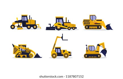 Flat vector set of colorful construction vehicles. Excavator, wheel loader, bulldozer, grader. Heavy equipment for building