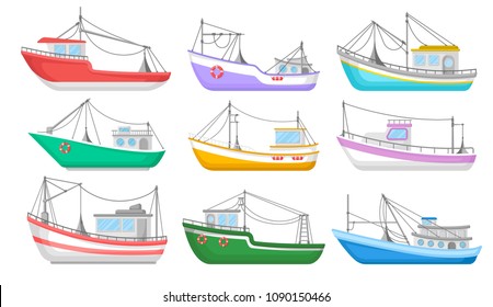 Flat vector set of colorful fishing boats. Water transport. Fishing trawlers. Commercial marine vessels