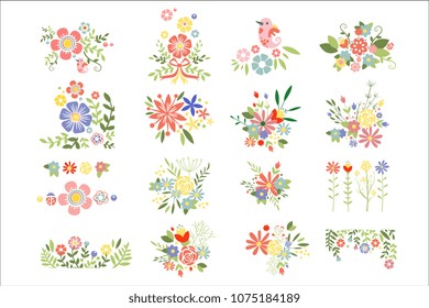 Flat vector set of colorful floral compositions. Blooming spring flowers. Colorful plants. Botanical theme