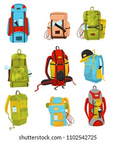 Flat vector set of colorful hiking backpacks with various equipment flashlights and camping mats, ropes and bottles of water