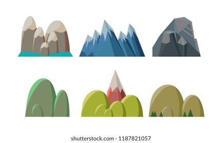 Flat vector set of colorful hills and rocky mountains. Nature landscape elements of mobile game