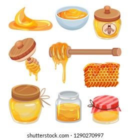 Flat vector set of colorful honey icons. Organic and healthy product. Natural sticky liquid. Sweet food