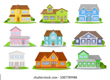 Flat vector set of colorful houses with green meadow, bushes and trees. Cozy residential cottages. Traditional architecture