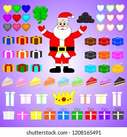 Flat Vector Set of Colorful Items Related to Christmas and New Year Theme. Santa Claus, Gifts, Cheesecakes, Hearts, Crown, Clover. Gift or Coal. Christmas Elements for Your Design.