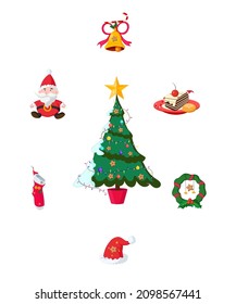 Flat vector set of colorful items related to Christmas theme Santa Claus sock gifts Santa hat pastry and Xmas tree isolated on white background