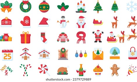Conjunto plano vectorial de elementos coloridos relacionados con la Navidad. Papá Noel, muñeco de nieve, regalos y árbol. Elementos para tarjetas de felicitación.