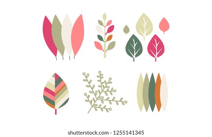 Flat vector set of colorful leaves. Botanical theme. Decorative elements for textile, invitation or postcard