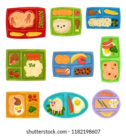 Flat vector set of colorful lunch boxes with food. Spaghetti and fried eggs with sausages, mashed potatoes, fruits and vegetables