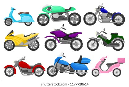 Flat vector set of colorful motorcycles and scooters. Vintage and fast sport bikes. Two-wheeled motor vehicles