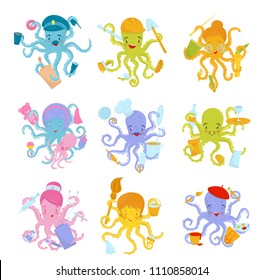 Flat vector set of colorful octopuses of different professions. Marine creatures with eight tentacles. Icons for kids about career