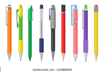 Flat vector set of colorful pens and pencils. Stationery supply. School or office tools for writing and drawing