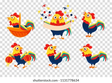 Flat vector set of colorful roosters. Farm bird with bright feathers. Domestic fowl. Elements for postcard or advertising poster