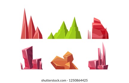 Flat vector set of colorful stones. Rocks of different shapes. Solid mineral materials. Natural landscape elements
