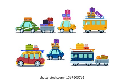 Flat vector set of colorful vehicles with luggage on roof. Vans, cars and bus with trailer. Travel and road trip theme