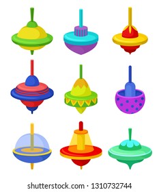 Flat vector set of colorful whirligigs. Classic children toy. Plastic spinning tops on white background