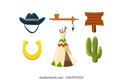 Flat vector set of colorful wild west elements. Cowboy hat, horseshoe, peace pipe, wigwam, wooden sign and green cactus