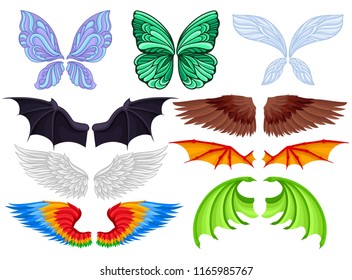 Flat vector set of colorful wings of different creatures butterfly, fairy, bat, bird, angel and dragons. Elements of masquerade costumes