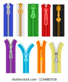 Flat vector set of colorful zippers for clothes and bags. Closed and open zip fasteners. Sewing materials