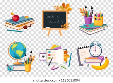 Conjunto vectorial plano de composiciones con objetos relacionados con el tema educativo. Volver a la escuela