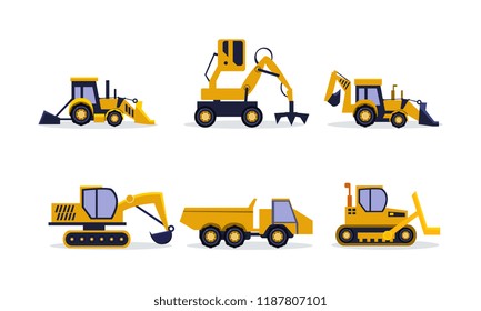 Flat vector set of construction equipment. Excavator, backhoe loader, rock truck. Heavy machinery for building