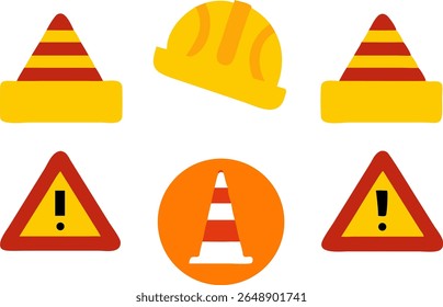Conjunto vetorial plano de ícones de segurança de construção, incluindo capacete, cones e sinais de aviso. Ideal para sinalização de perigo de local de trabalho e materiais de segurança visual.