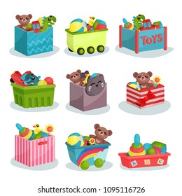 Flat vector set of containers full of children toys. Teddy bears and dinosaurs, rubber balls and ducks, colorful pyramids
