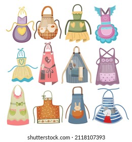 Flat vector set of cooking aprons in cartoon, hand-drawn style.