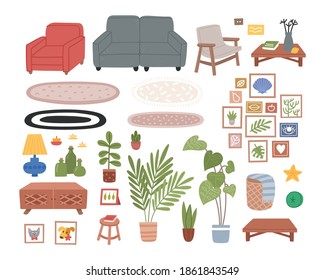 Flat vector set of cozy living room interior elements - sofas, armchairs, chests, plant and carpets. Comfortable apartment decorated in Scandinavian hygge style.