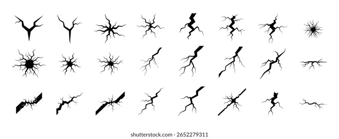 Flat Vector Set of Cracks and Broken Surface Shapes in Solid Black – High-Contrast, Isolated Elements for Design, Damage Effects, or Texture Overlays
