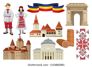 Conjunto plano de símbolos culturales de Rumania. Comida, arquitectura histórica, cinta en color tricolor rumano, bordado tradicional y trajes