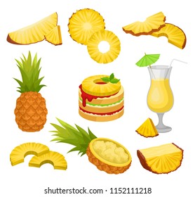 Flat vector set of cut and whole pineapples, alcohol drink and dessert. Juicy tropical fruit. Natural and healthy food