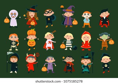 Flat vector set with cute children in festive costumes. Funny little boys and girls celebrating Halloween