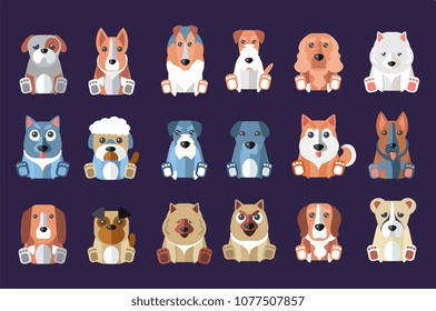 Flat vector set of cute dogs of different breeds. Domestic animals. Design for children book, mobile game, print or postcard