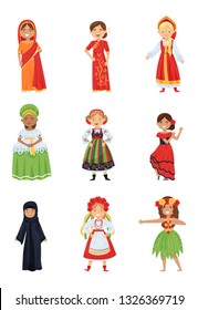 Flat vector set of cute girls in different national costumes. Smiling kids in traditional clothes of various countries