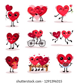 Flat vector set of cute humanized hearts in different actions. Couples in love. Valentines day theme