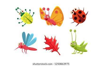 Flat vector set of cute insects and red leaf. Grasshopper, butterfly, ladybug and mosquito. Funny cartoon characters