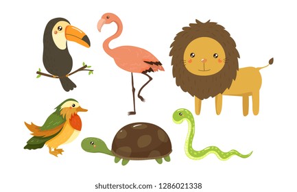 Flat vector set of cute jungle animals and birds. African fauna. Wildlife theme. Elements for children room decor