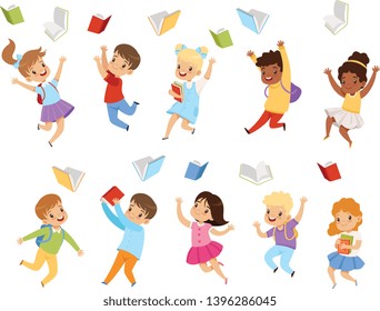 Flat vector set of cute kids throwing books up in the air. Children with happy faces. Pupils of elementary school