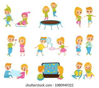 Flat vector set with cute little boy and girl in different actions. Jumping on trampoline, watching cartoons, opening presents